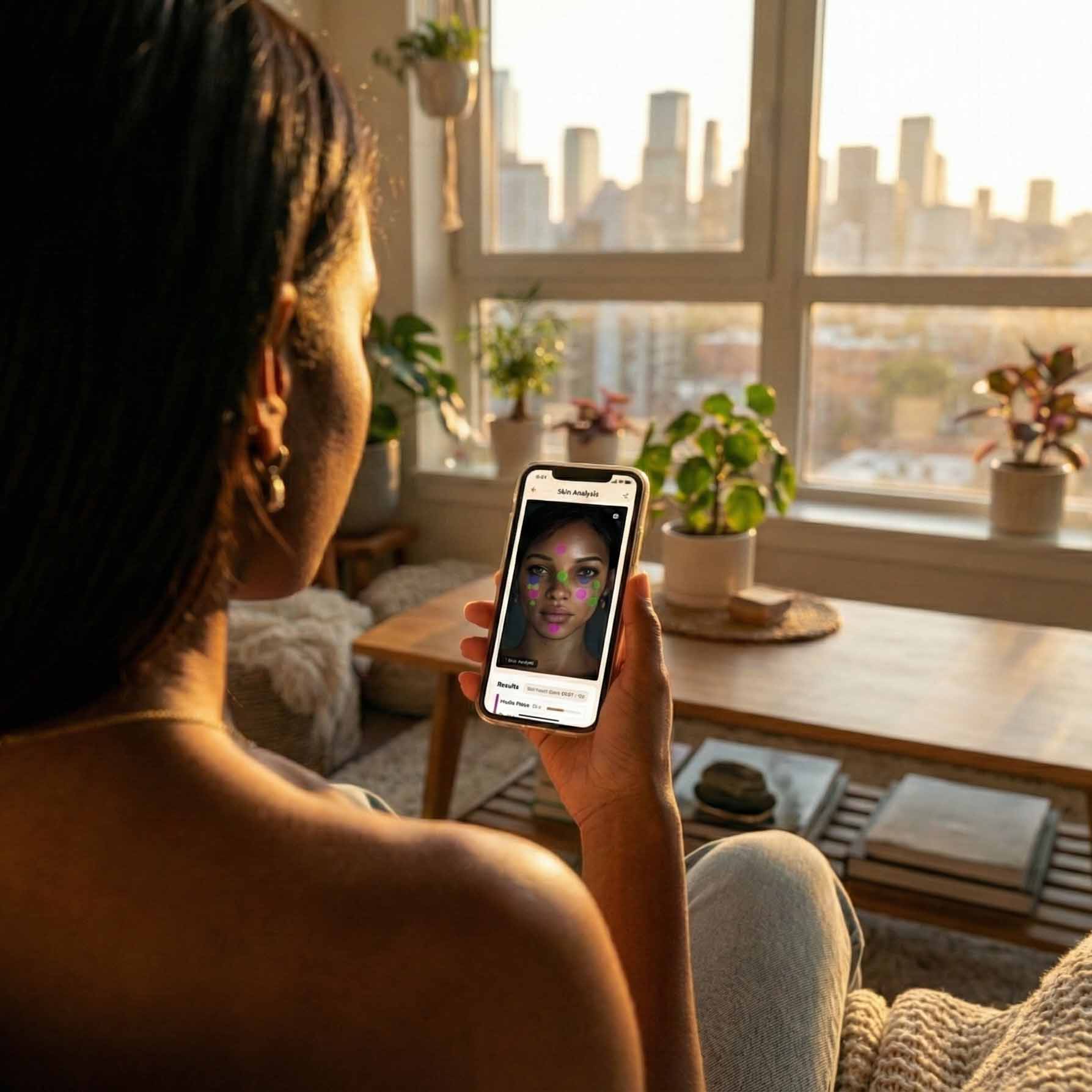 Customer reviewing AI skin analysis results for personalized product recommendations